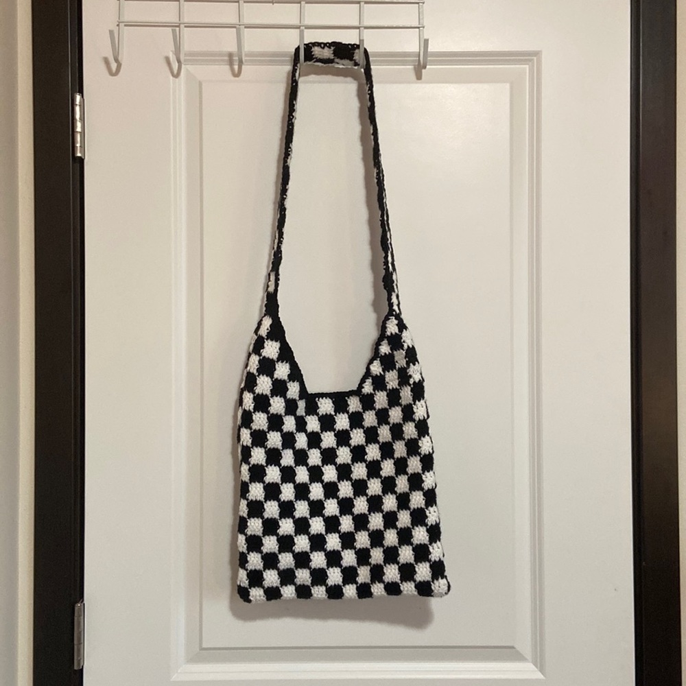 black and white handmade crochet checkered bag